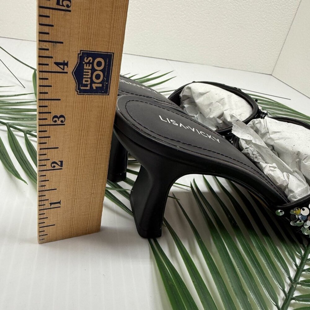 Lisa Vicky Sequin Slide Mule Heels 8.5 Black Silver Party Dressy Shoes NWT Shiny - Picture 6 of 11